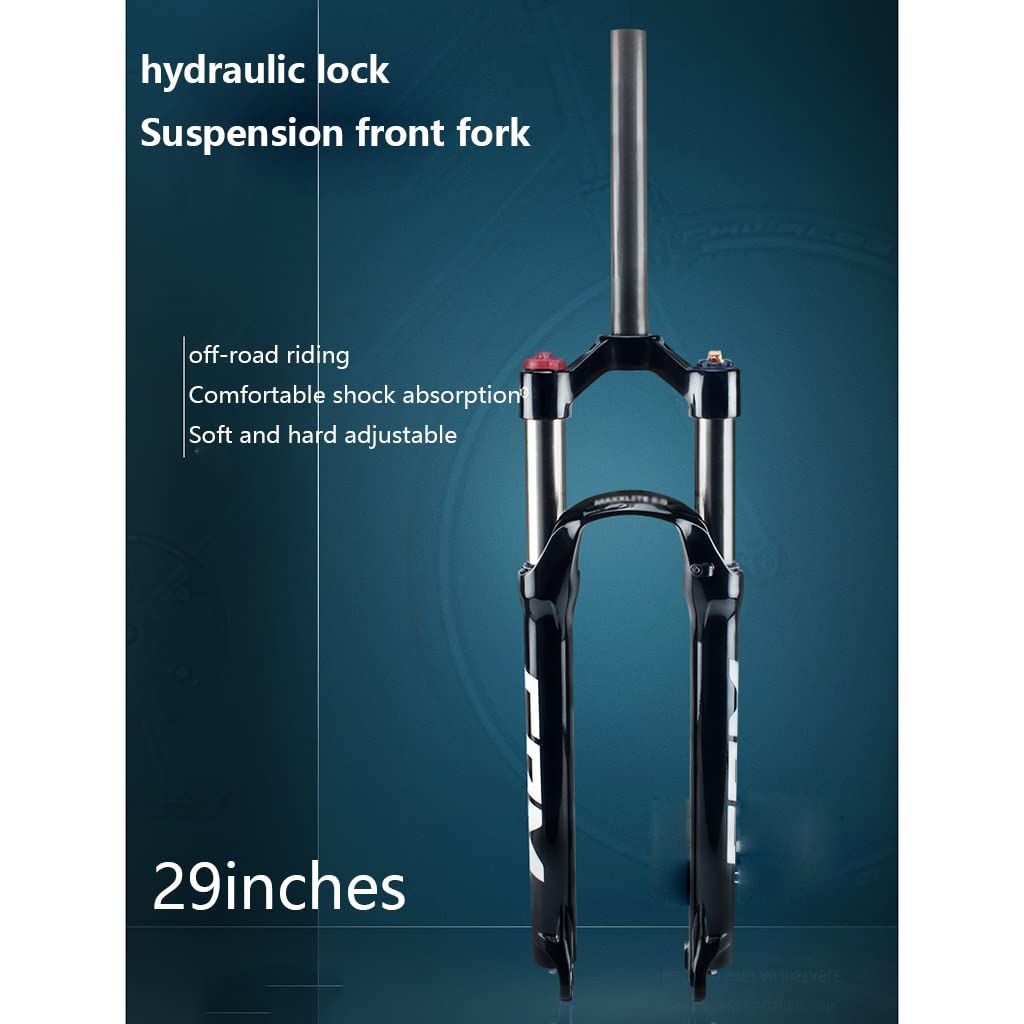 Fourche Suspendue VTT 29 Pouces, Blocage Manuel/à Distance, Ressort hydraulique, Compatible VTT XC, Freins à Disque, Tube Droit 1 1/8", axe QR, débattement 9 mm, 100 mm