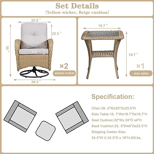 Belord 3 Piece Patio Furniture Sets Wicker Swivel Rocker Chairs - Outdoor Swivel Rocking Chairs Set of 2 with Rattan Side Table, Patio Swivel Glider Chair Bistro Set for Patio Porch Pool Beige Cushion by Belord - Used condition - Image 3