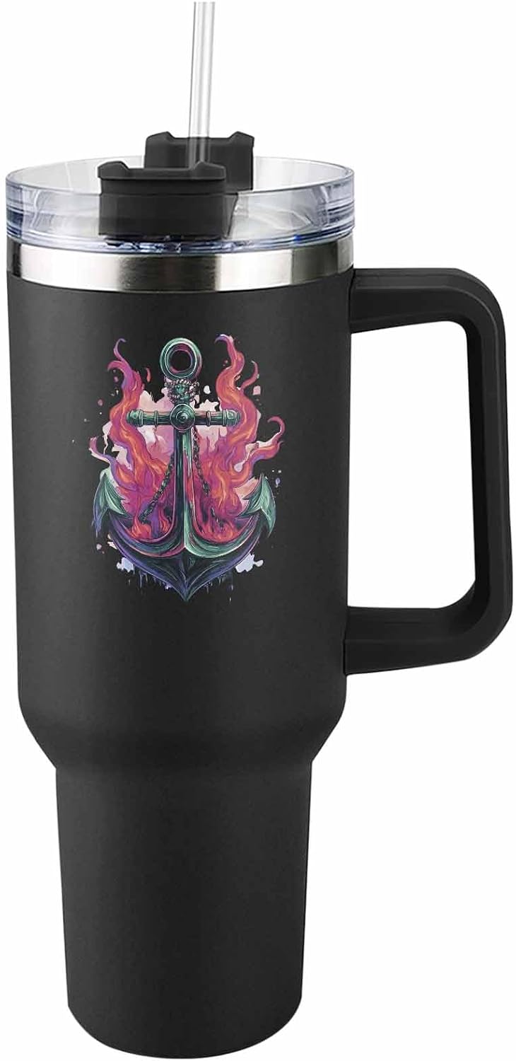 40 Oz Insulated Tumbler with Handle,Lid and Straw,Cartoon Anchor Flame Large Capacity Stainless Steel Vacuum Coffee Travel Mug,Green Red Fire Leak-proof Cup Water Bottle