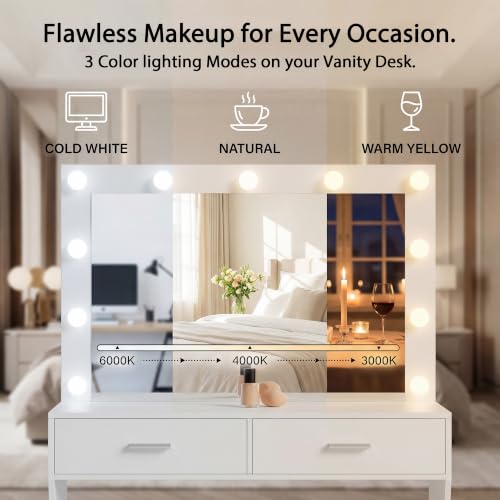 Image of YESHOMY Vanity Desk with Lighted Mirror,11 Lights,2 Drawers Makeup Table