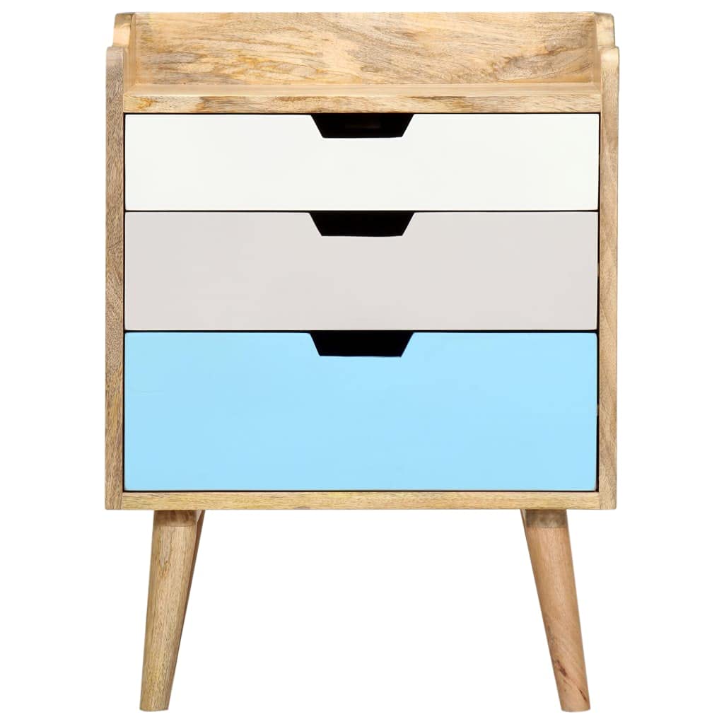 Stolik nocny z litego drewna mango 47 x 35 x 63 cm z 3 szufladami, rustykalny stolik nocny wąski, nowoczesna szafka nocna do sypialni, ręcznie wykonana, polerowana i lakierowana