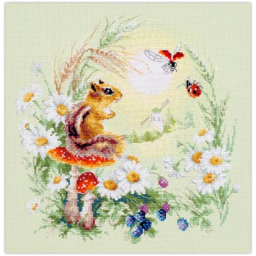 Magic Needle Zweigart Edition Cross Stitch Kit Meadow Stories Chipmunk Counted Pattern 26 x 26 cm, Normal, White