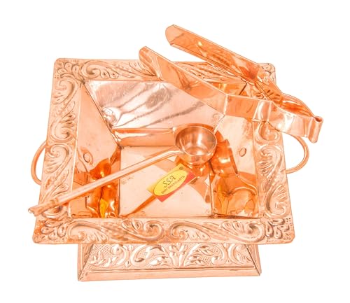 Image of Shiv Shakti Arts Pure Copper Hawan Kund Agnihotra Set with Both Side Handle and Stand (4 Pc Set, 19 x 19 cm)