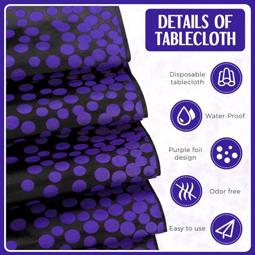Image of Breling 8 Pack Black and Purple Disposable Plastic Tablecloths and Satin Table Runner Set, 54 x 108 Inch Tablecloth, 12 x 108 Inch Table Runners for Wedding Graduation Birthday Baby Shower