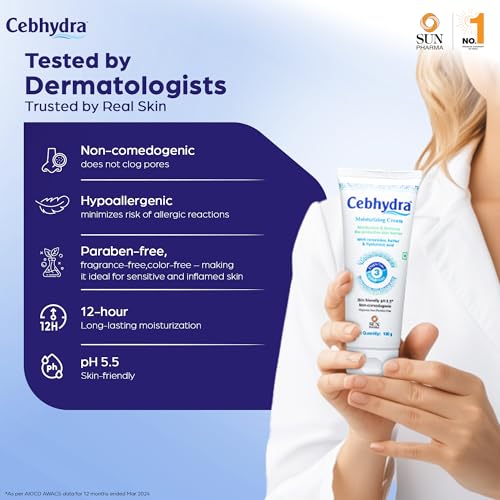 Image of Sun Pharma Cebhydra Cream, Ceramides, Cholesterol & Fatty Acids, Deep Hydration for Sensitive, Dry & Damaged Skin, Dermatologist-Tested, Paraben-Free, NonComedogenic, 12-Hour Moisturization