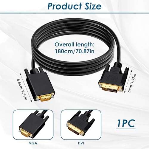DVI to VGA Cable 1.8M, Male to Male Gold-Plated Braided Projection Converter 24+1 Pin 1080P PC Monitor Active DVI-D to VGA Cables Compatible with Laptops/Monitors/Projectors/Hdtvs/Graphics Cards