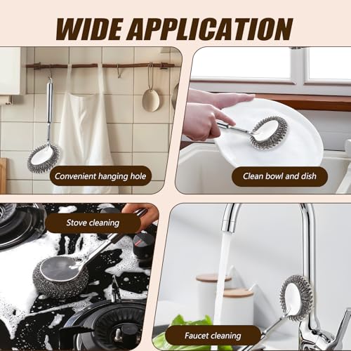 Image of Steel Wool Scrubber with Handle, Cast Iron Scrubber, Stainless Steel Scrubber, with 5 Refills and Long Handle Stainless Pot Brush, Remove Dirt, for Cleaning Stoves, Sinks, Dishes, Grills, Bowls