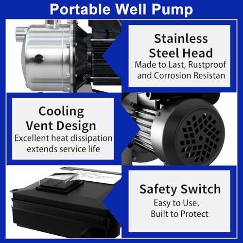 Image of LANCHEZ 1.2 HP Shallow Well Pump, 2100 GPH Stainless Steel Garden Irrigation Pump, 115V Water Transfer Pump, Water Booster Jet Pump for Home Garden Lawn Farm, Black silver