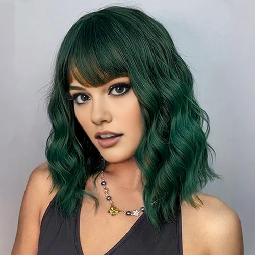 Image of AGO Short Bob Wig with Bangs Dark Green Loose Wave Wigs Shoulder Length 14Inch for Women Colorful Costume Wig Heat Resistant Fiber Hair for Daily Party Halloween Cosplay Use(4 /610#DarkGreen)
