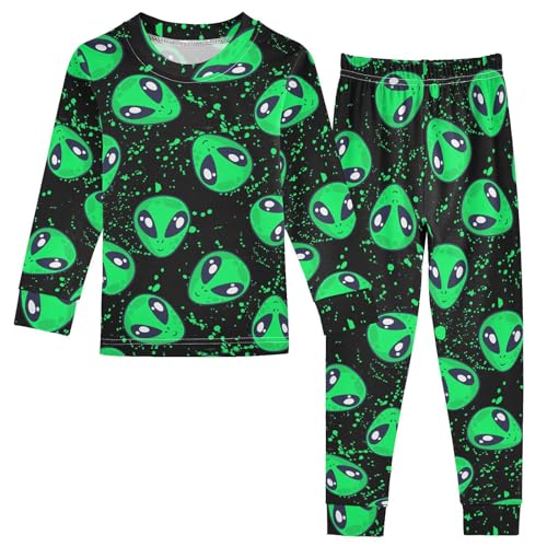 Cotton Pajamas Set 2 Piece Soft Comfy Green Alien Pjs Long Sleeve Lounge Sleepwear