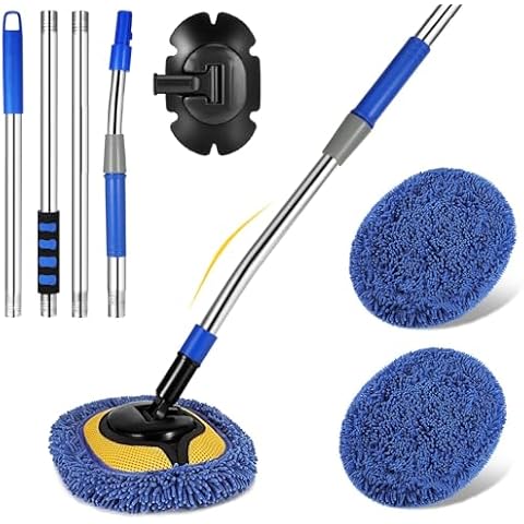 SLIIMU 66'' Car Wash Brush with Long Handle & 15° Labor-Saving Elbow Extension Stainless Steel Pole, Chenille Microfiber Soft Car Wash Mop Cleaning Tool Kit & Replacement Head for Clean RV SUV Truck Cover