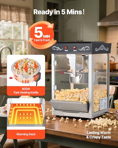 Image of VEVOR Popcorn Machine, 8oz Stainless Steel Kettle, 800W Commercial Countertop Popcorn Maker, 48 Cups per Batch Theater Style Popper, with 2-Button Control Glass Wall PC Door 1 Scoop 3 Spoons, Black