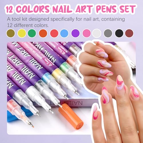Image of 12 Color Nail Art Pens for Painting Nails, 0.5 MM Nail Polish Pens Drawing Point Liner Painted Pen Kit, Waterproof Quick-drying for DIY Nails Art Design Manicure Tools