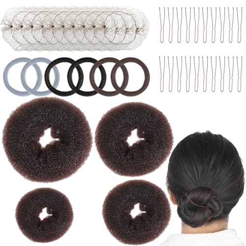 Lot de 40 donuts pour chignon, 4 donuts, 10 filets, 20 pinces à cheveux en forme de U, 6 élastiques pour chignon, accessoires pour coiffure, danseuse, enfants, filles, femmes, marron