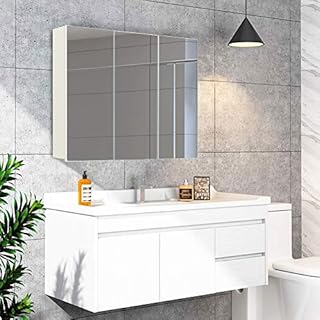 TUKAILAi 3 Doors Bathroom Cabinets with Mirror Wall Mounted Storage Cupboard Bath Cabinet Shelf Organiser Storage Waterproof Wooden Frame