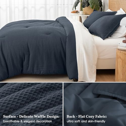 Image of David's Home Textured Summer Waffle Weave Comforter Set, King, Indigo | Cozy Soft Lightweight Breathable Fluffy Durable Hotel Bedding with Pillow Shams for All Season, Luxury Home Decor, Giftable