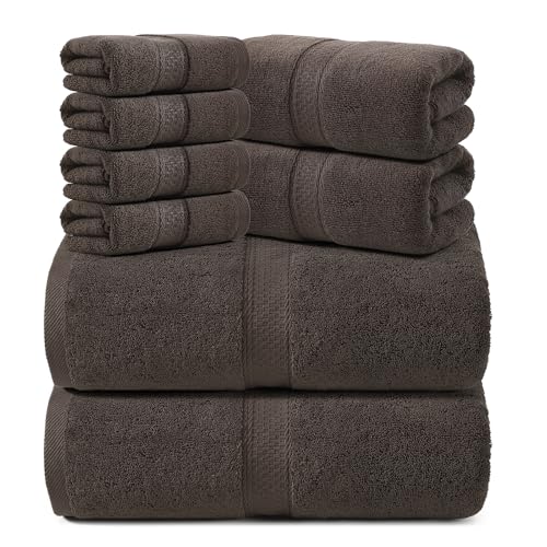 REDKISS 8 Piece Cotton Towel Sets for Bathroom - 2 Oversized Bath Sheets (35x70 in) 2 Hand 4 Washcloth Super Soft Quick Dry Highly Absorbent Brown Bath Towel Set for Home Gym Dorm Spa