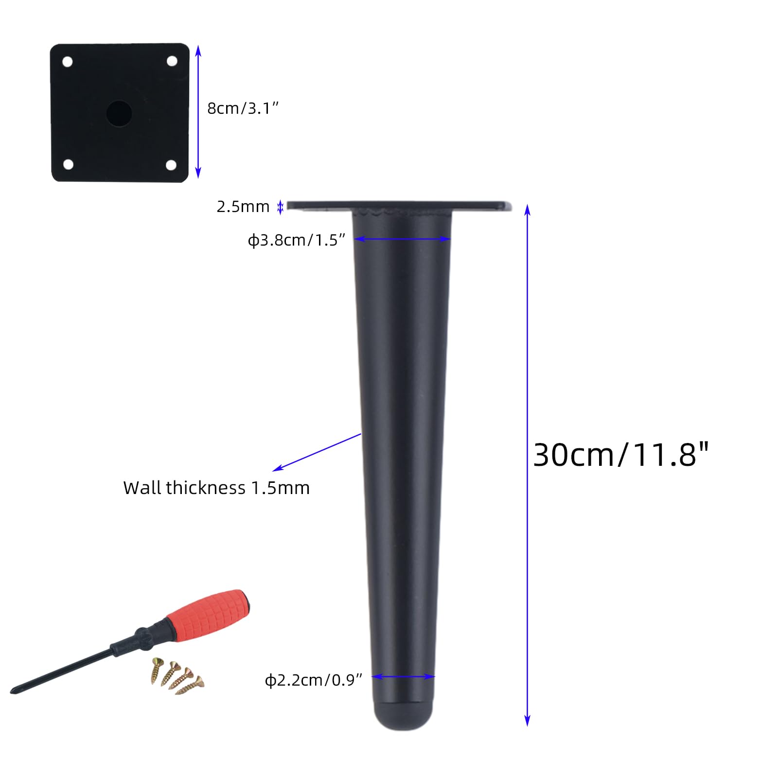 Generico Gambe per Mobili Piedini per Tavolo in Metallo da 30 cm 4 Pezzi Supporto in Acciaio Inox Nero Vernice Spray Piedini per Divano Altezza: 15-30 cm Piedini per Mobile da 30 cm/11,8"