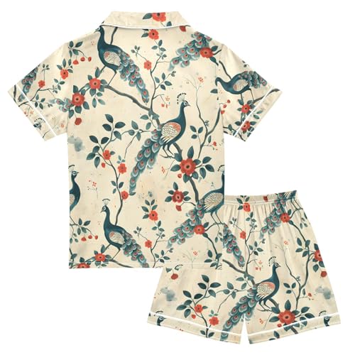 ALAZA Chinese Peacock Bird Pajamas Satin Pajama Set Short Sleeve Button Down Sleepwear2