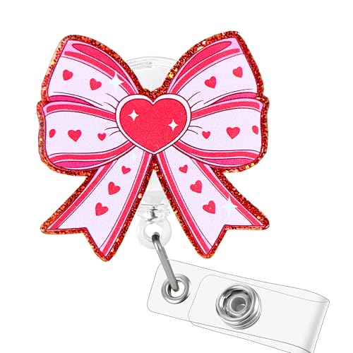 Valentines Cute Red Bow Badge Reel Retractable ID Name Badge Holder with Alligator Clip Cute Healthcare RN LPN CNA MA PCT Nursing Students Essentials Gift for Co-Workers