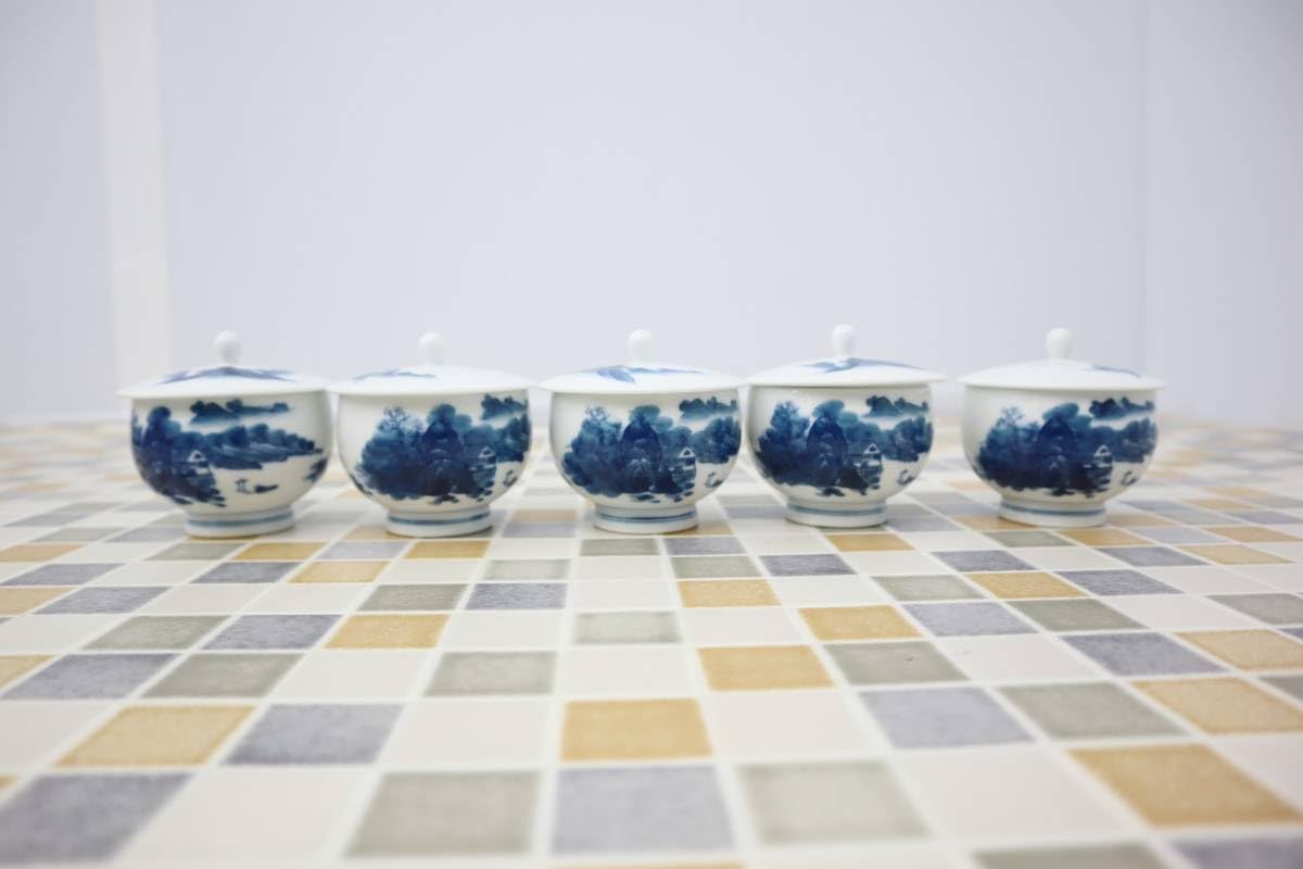 骨董 骨董品 呉須 染付 山水図 茶器揃 茶器 急須 湯冷まし 湯呑み