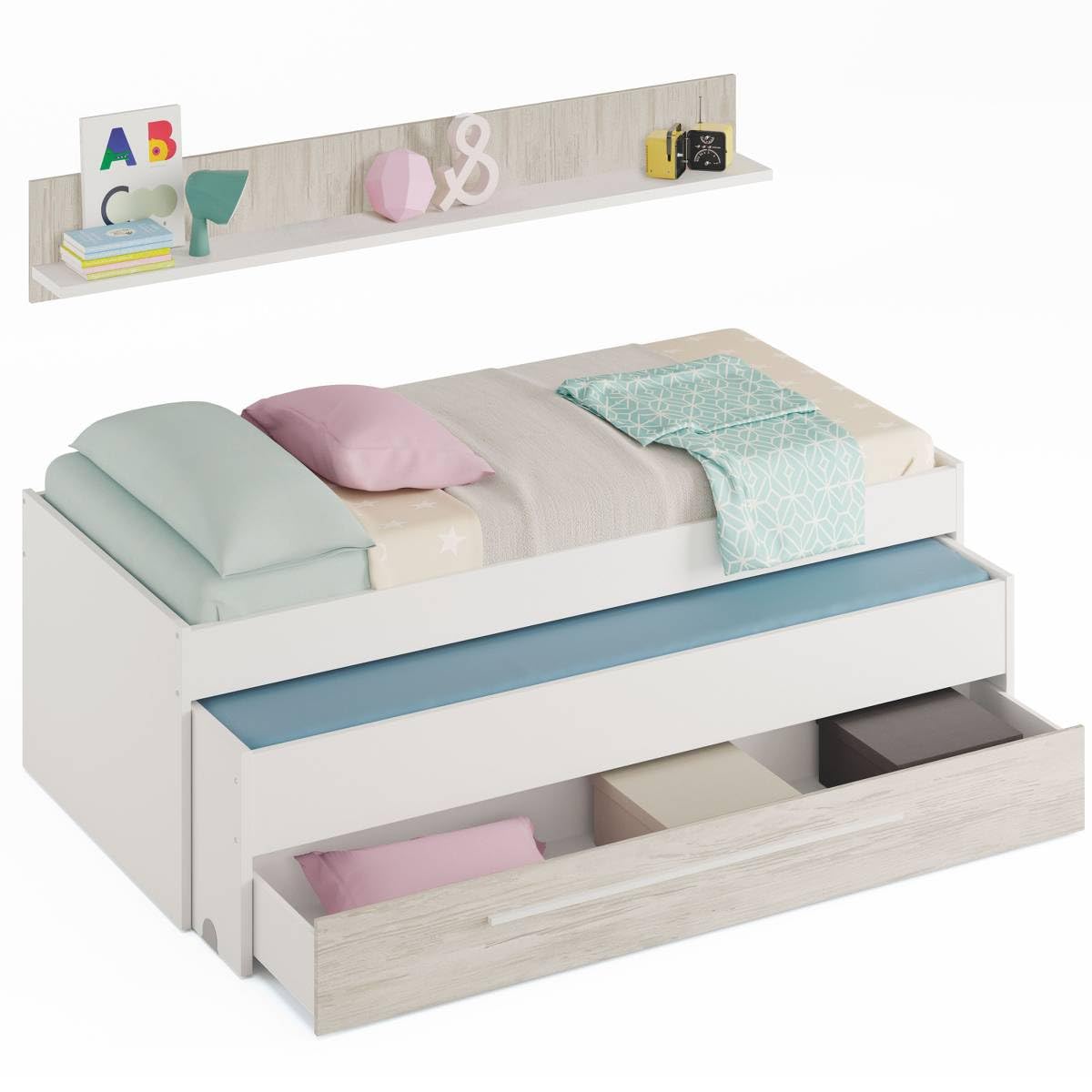 Miroytengo Pack Muebles Dormitorio Juvenil Completo en Color Blanco y Roble Claro Cama + Armario (Diferentes Opciones en Escritorio)