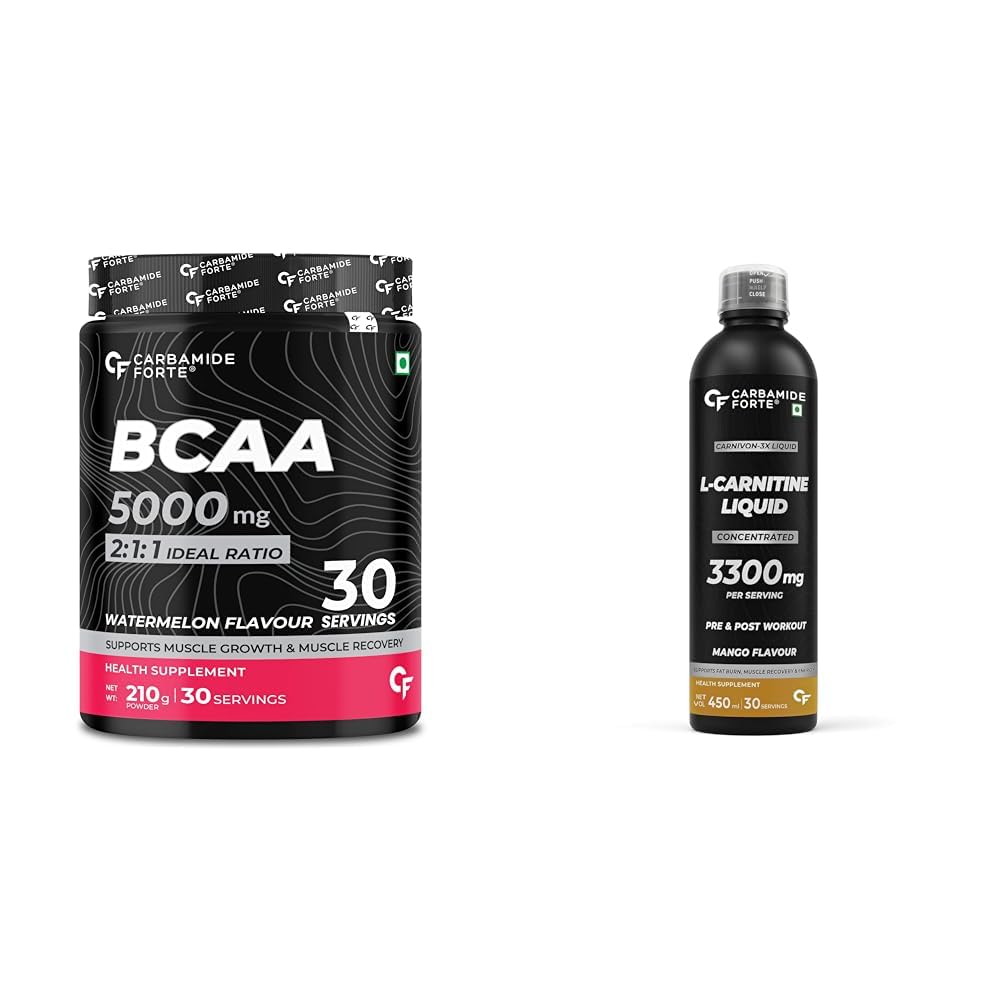 Carbamide Forte BCAA Supplement For Muscle Recovery & L Carnitine Liquid Pre & Post Workout Supplement | 30 Serving 210g Powder + 30 Serving 450ml Liquid-image-28