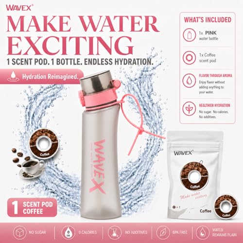 Image of WaveX Scented Water Bottle, Includes 1 Aroma Scent Pod, BPA Free, Flip Top Leak-Proof Lid, Straw & Carry Strap Included, Subtle Flavor Experience, No Sugar or Calories, (20.3 Ounce, Pink)