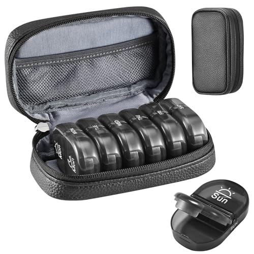 Image of Serfeymi Weekly Travel Pill Organizer 2 Times A Day AM PM Upgraded Black Pill Box 7 Day with Portable Zipper PU Leather Pill Case, Medicine Organizer for Pills, Vitamins, Fish Oils - Black 01