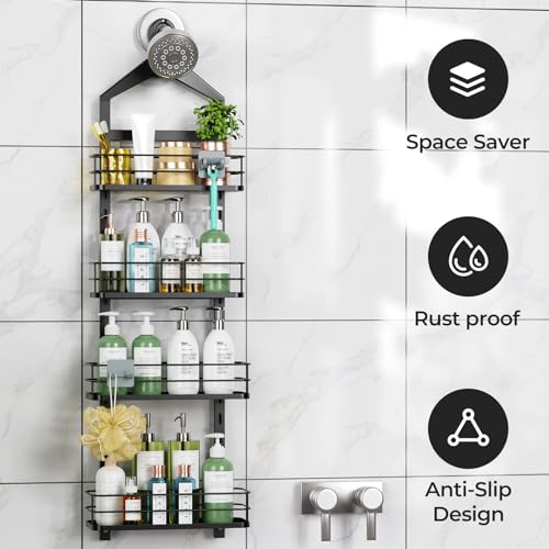 Odesign WP420-WP322 4 Tier Shower Caddy Organizer-Over The Door Shower Caddy-Anti-Swing Hanging Bathroom Shelves Storage Rack Height-Adjustable Large Shower Caddies-Black thumb #4