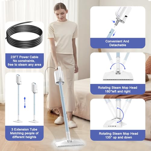 Image of Steam Cleaner, 6 in1 Rotated Steam Mop Cleaner with 2 Modes, 2 Microfiber Pads, 400ML Removable Tank, 23FT Power Cable, Detachable Steam Mops for Floor, Laminate Floor, Tiles Cleaning (Sapphire Blue)