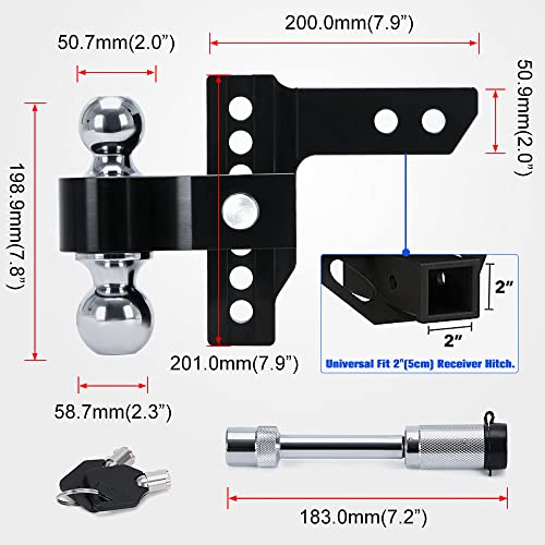 Pqy Adjustable Trailer Hitch Ball Mount 6 Inch Drop Hitch With Aluminum Shank For 2 Inch Receiver 2'' & 2-5/16'' Combo Aluminum Tow Balls With Double Stainless Steel Pins #TOP3