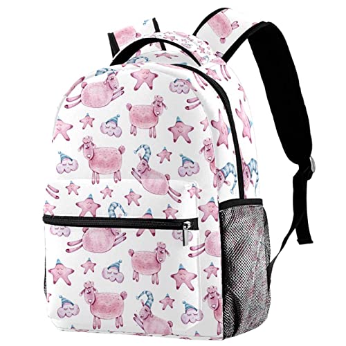 Sac à dos de voyage imprimé mouton rose et étoiles avec poches ajustables