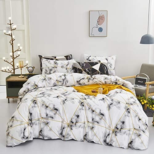 Wellboo White Geometric Comforters King Women Men White Marble Triangle Bedding Comforter Sets Cotton Modern White and Gold Abstract Texture Quilts Adults White Gingham Plaid Blocks Warm Blankets