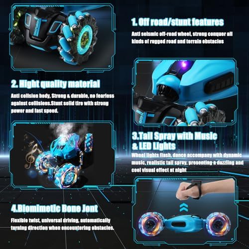 zootop Remote Control Car 2.4GHz RC Stunt Twist Car for Kids Transforming Gesture Racing Crawler Double Sided 360 Rotation RC Cars Toy with Lights Spray Music and 2 Rechargeable Batteries for kids