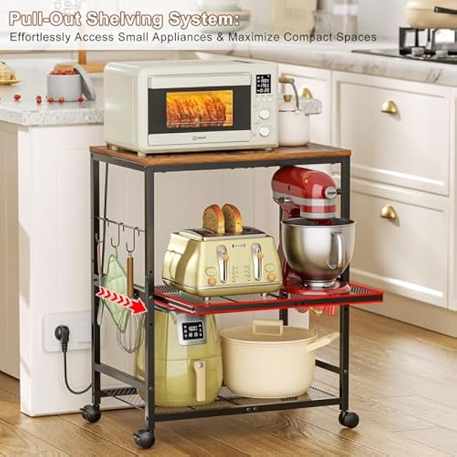 Microwave Cart with Adjustable Drawer Slider Shelves, 3 Tier Rolling Kitchen Microwave Stand with Storage, Small Kitchen Utility Cart on Lockable Wheels, Coffee Cart with Hooks-7yFARHgi