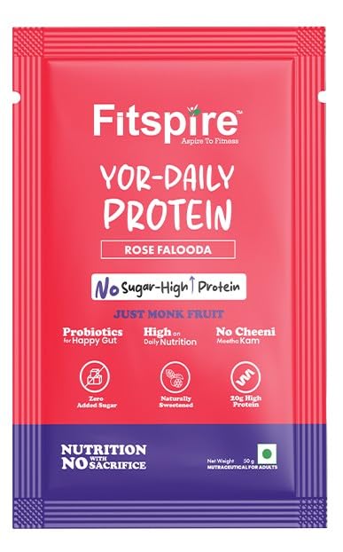Image of Fitspire YOR Daily Rose Falooda Protein Powder 50g | 20g Protein with 24+ Vitamins & Probiotics for Daily Wellness | Zero Added Sugar, Sweetened with Monk Fruit