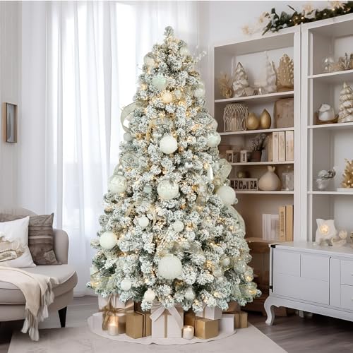 Image of SHareconn 6.5ft Snow Flocked Spruce Pre-lit Artificial Christmas Tree,White