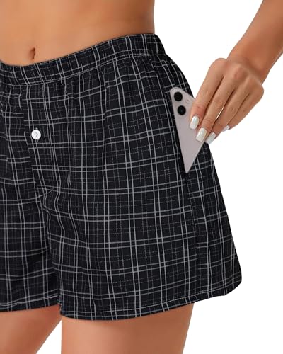 Image of Women Boxer Shorts Summer Gingham Pj Casual Plaid Bottoms with Pocket