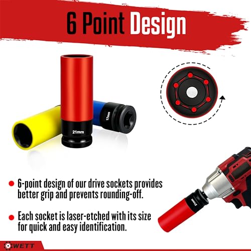 Image of WETT 1 /2-Inch Drive Lug Nut Socket Set, 5-Piece Wheel Protector Thin Wall Deep Impact Socket with Color-Coded Protective, (Metric 17mm, 19mm, 21mm & SAE 13 /16 inch 7 /8 inch) CR-V Steel, 6 Point, Non-Marring