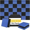 96 Pack Black/BLUE 12 "X 12 "X1" Acoustic Panels Studio Soundproofing Foam Wedge Tiles(Accompanied By Double-Sided Adhesive Tape)