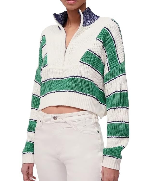 Image of EZAPINE Striped Sweater for Women Cropped Half Zip Stand Collar Casual Long Sleeve Color Block Pullover Tops Green