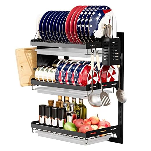 Virgorack 3 Tier Large Wall Mounted Dish Drainer, Stainless Steel Dish Rack, Dish Drying Rack for Kitchen with Utensil Organizer (Black)