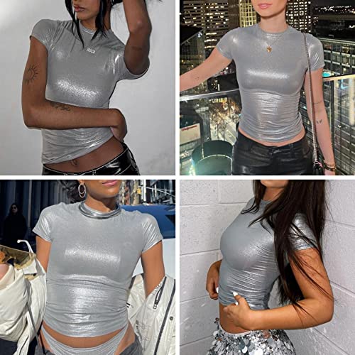 Image of Women's Shiny Metallic Short Sleeve T Shirt Sexy Mock Neck Slim Crop Top Party Disco Club Tees
