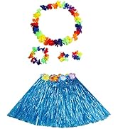 Hawaii Kostüm Set - Bastrock Mit Blumenkette & Armreifen Blau