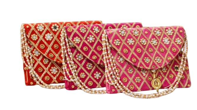 Embroidered Clutch Bag in Red and Pink with Gold Zari Work, Pearl Chain Strap – Elegant Bridal Wedding Purse for Special Occasions and Parties-image-33