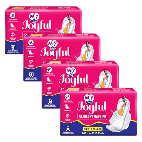 Image of Joyful Sanitary Napkins for Women | Cotton Soft, Super Absorbent, Odour & Rash Free, Leak-Proof Pad for Heavy Flow, Overnight Protection & Travel, Regular, 72 pads, Pack of 4