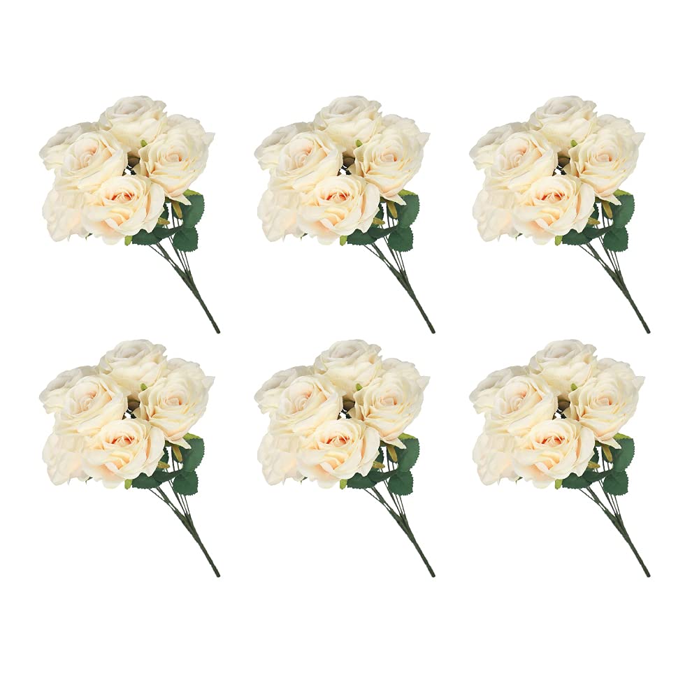 YATAI Pack 0f 6 Artificial Flowers Bunch, Lifelike Silk Rose Flower Bouquet, Durable & Realistic Fake Flowers, No Maintenance Eco-Friendly Faux Flower Arrangement, Perfect for Home, Office (W-Cream