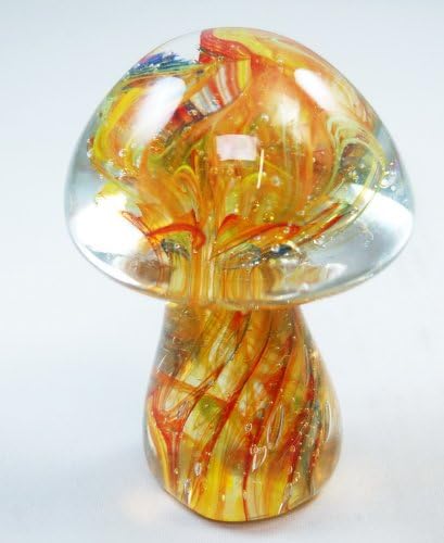 M Design Art Hand Craft Rainbow Mix Flame Pattern Mushroom Glass Paperweight