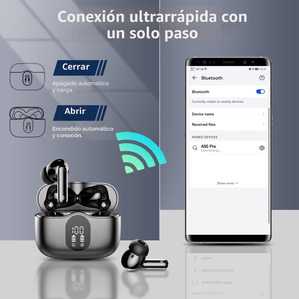 Btootos Auriculares Inalámbricos, Bluetooth 5.3 con HD Micrófono HiFi Estéreo Pantalla LED, Reducción de Ruido, 13 mm Controlador dinámico, IP7 Impermeable 36H Cascos Inalambricos — view 5